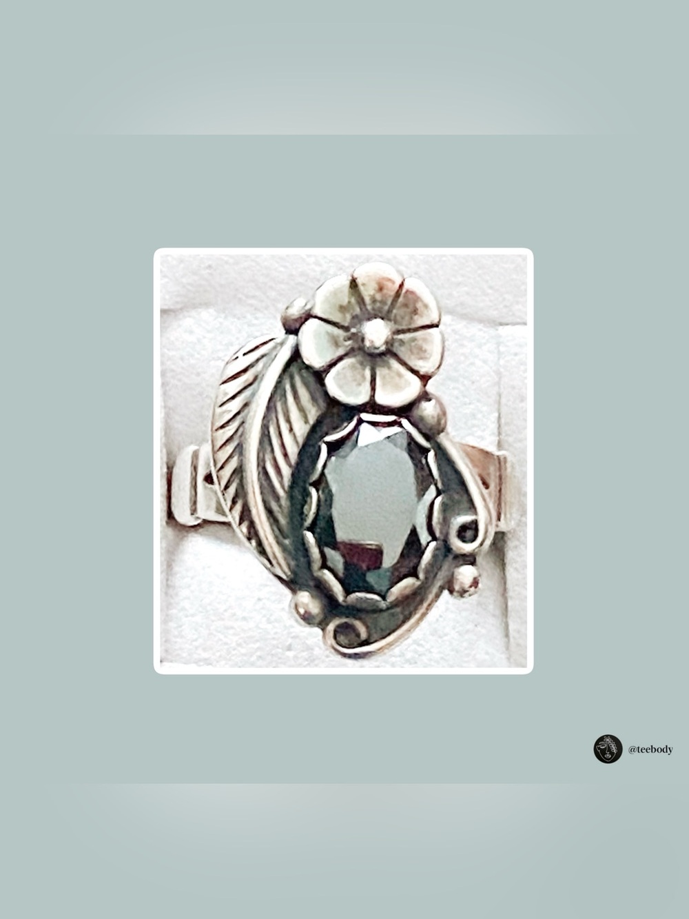 VTG NWT Sterling Silver Black Diamond Ring Flower Leaf Boho Style WMCO